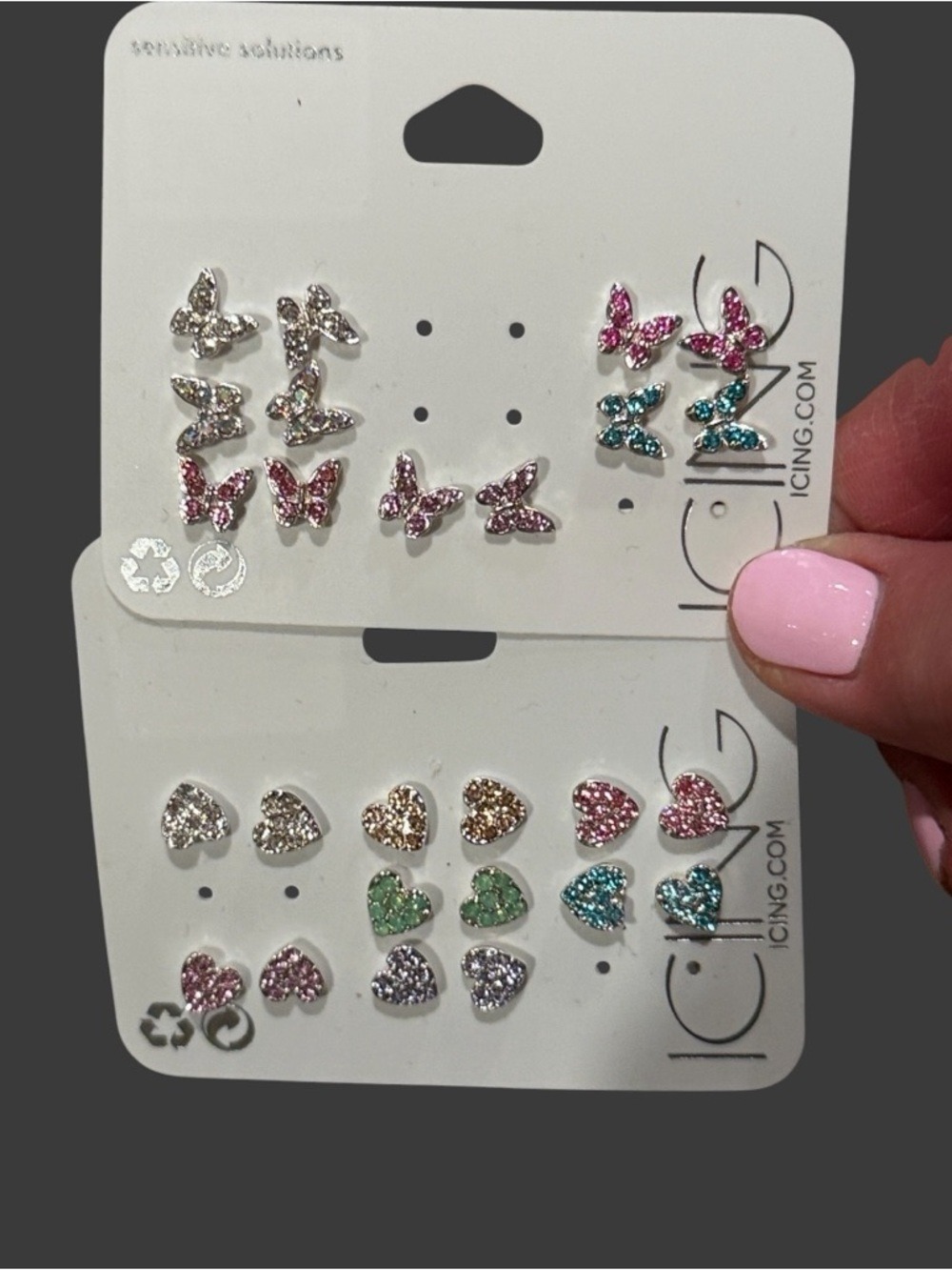 Icing Glitter Heart & Butterfly Stud Earring Set in Pink, Purple, Teal, Silver